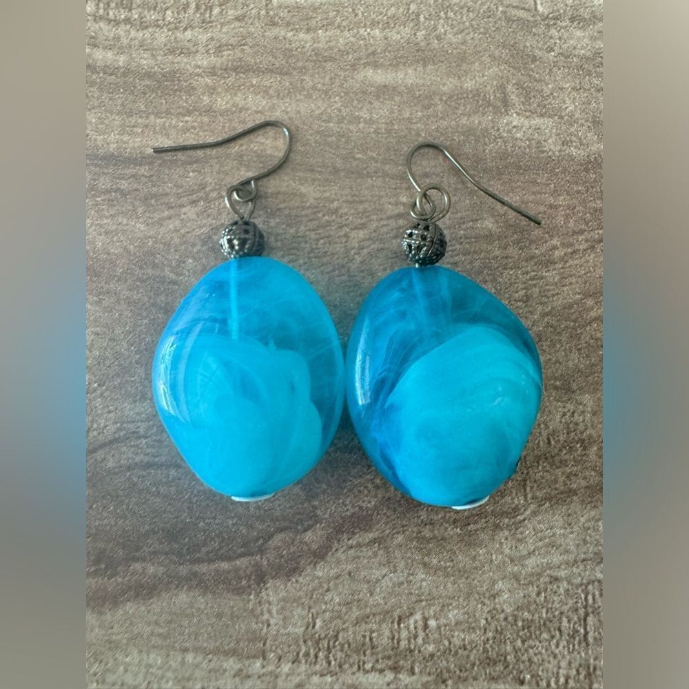 Vintage Dangle Drop Earrings Ocean Blue Wave Oval Glass Crystal 70s Modern Bold
